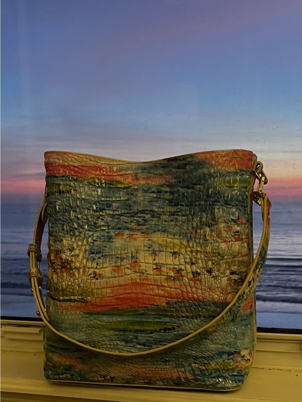 Brahmin Staycation  Croc-Embossed Shoulder Bag in Blue and Pink
